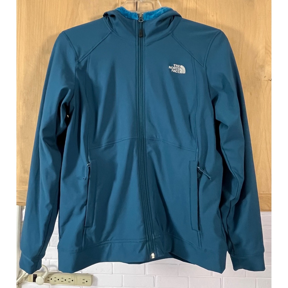 The North Face Softshell Jacket Womens Large Blue Fleece Lined Hooded Full Zip